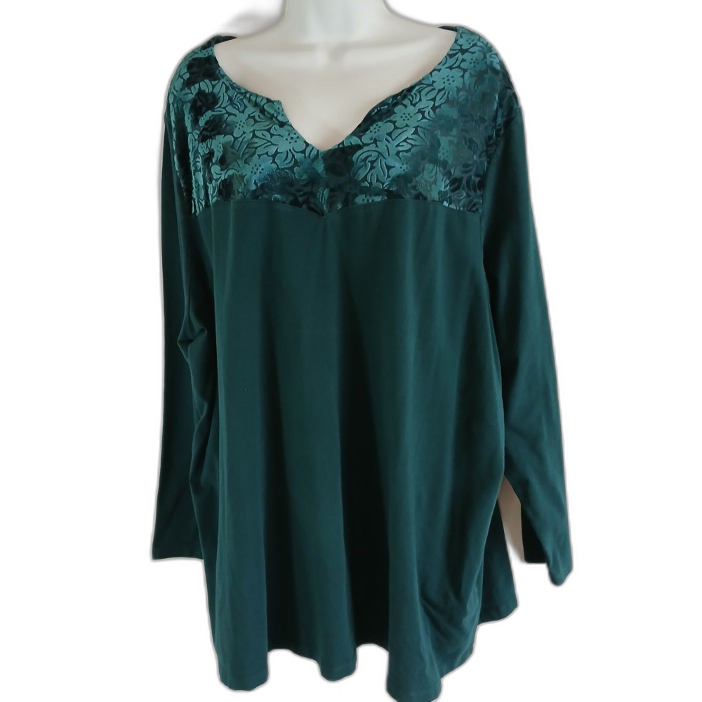 Catherines top soft Green Velvet Trim Floral V-Neck 3/4 Sleeve 3X holiday work